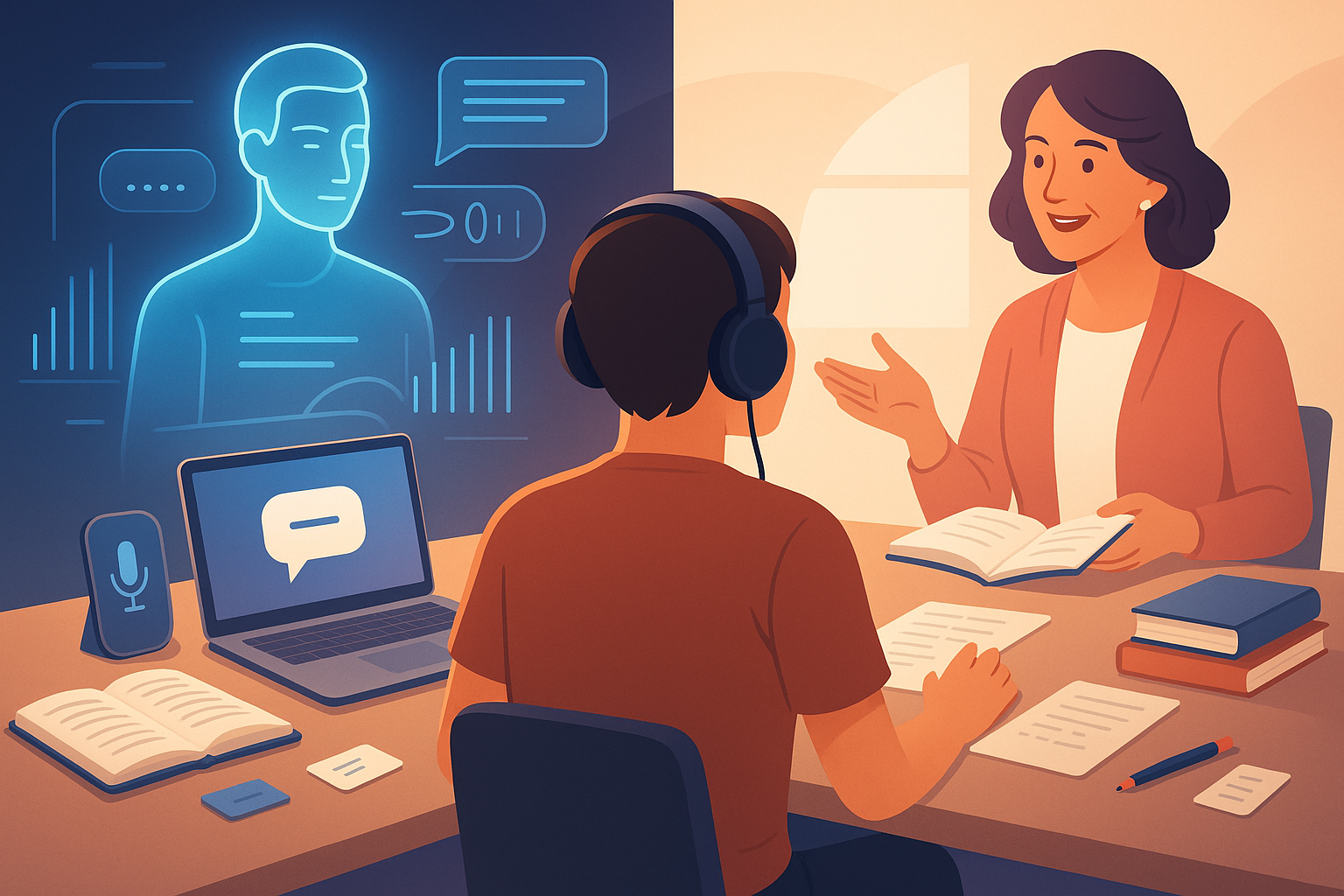 Sleek digital collage of five futuristic AI language learning apps with holographic icons above a smartphone and laptop, set in a bright modern workspace with glowing multilingual characters.